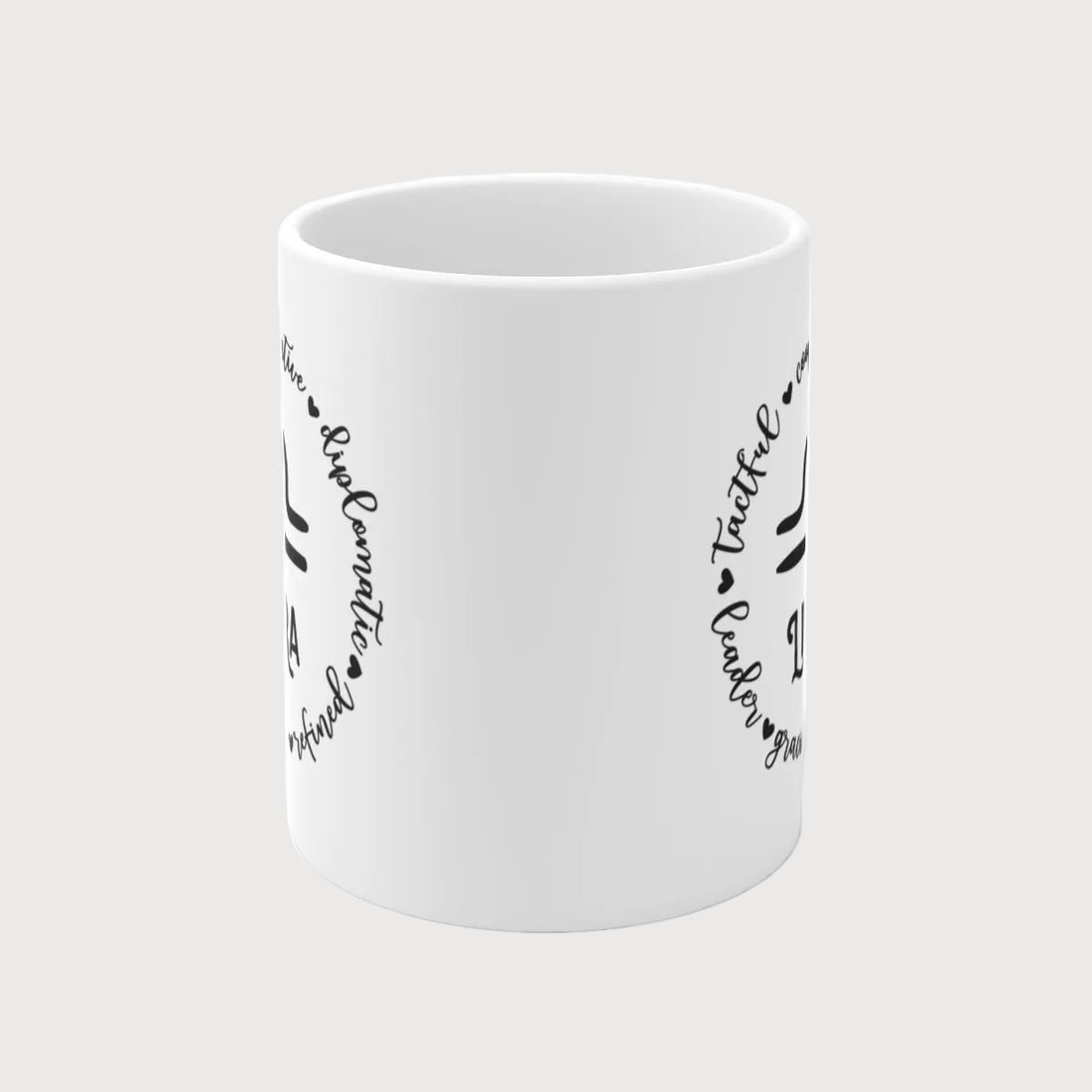 White mug with Libra zodiac design and text on a white background