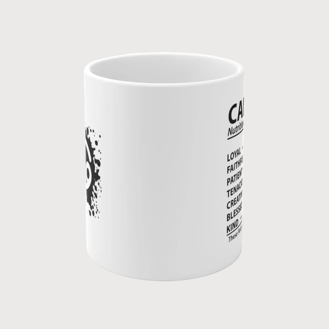 White mug with 'Cancer Nutrition Facts' text on a white background