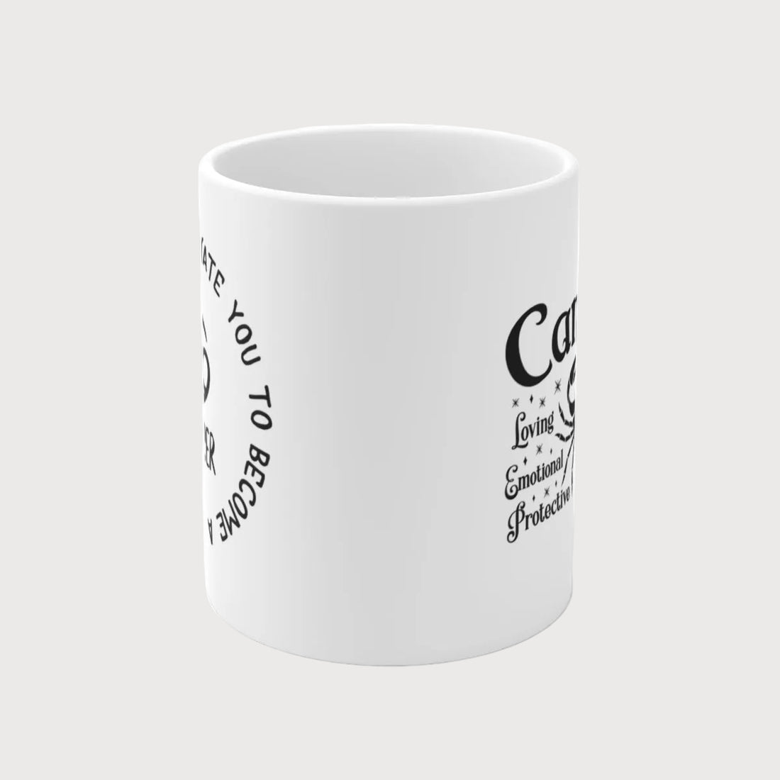 White mug with Cancer zodiac design and text on a white background