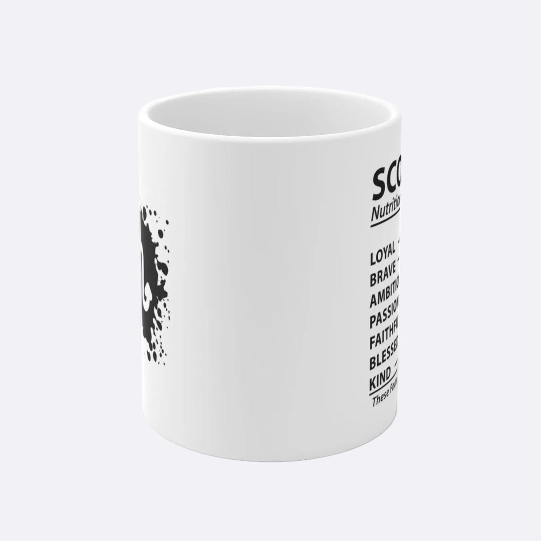 White mug with black Scorpio symbol design on a white background