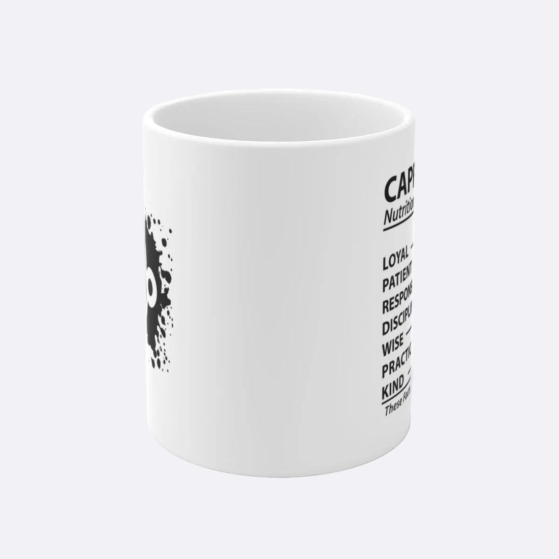 White mug with black astrological symbol design on a white background