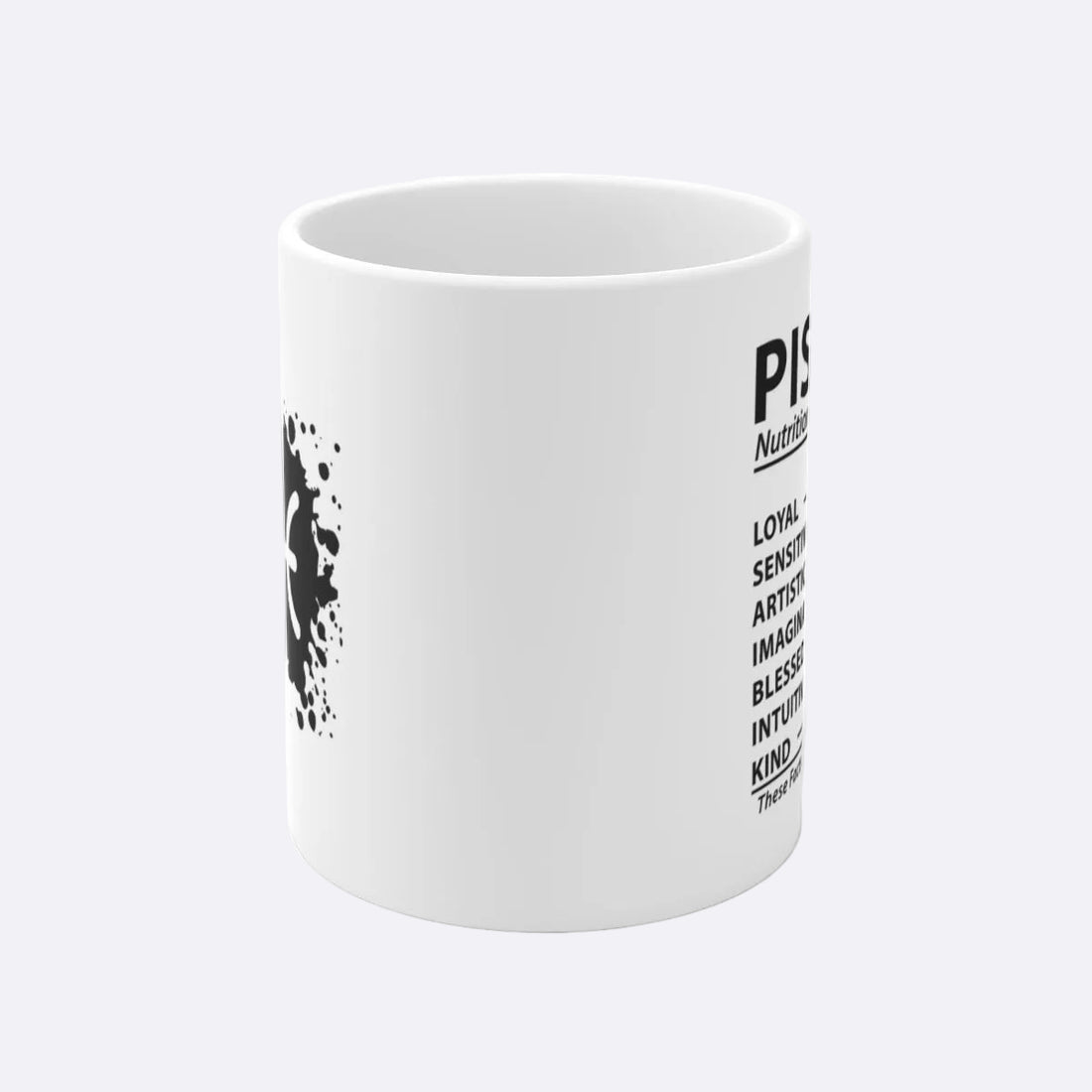 White mug with black Pisces symbol design on a white background