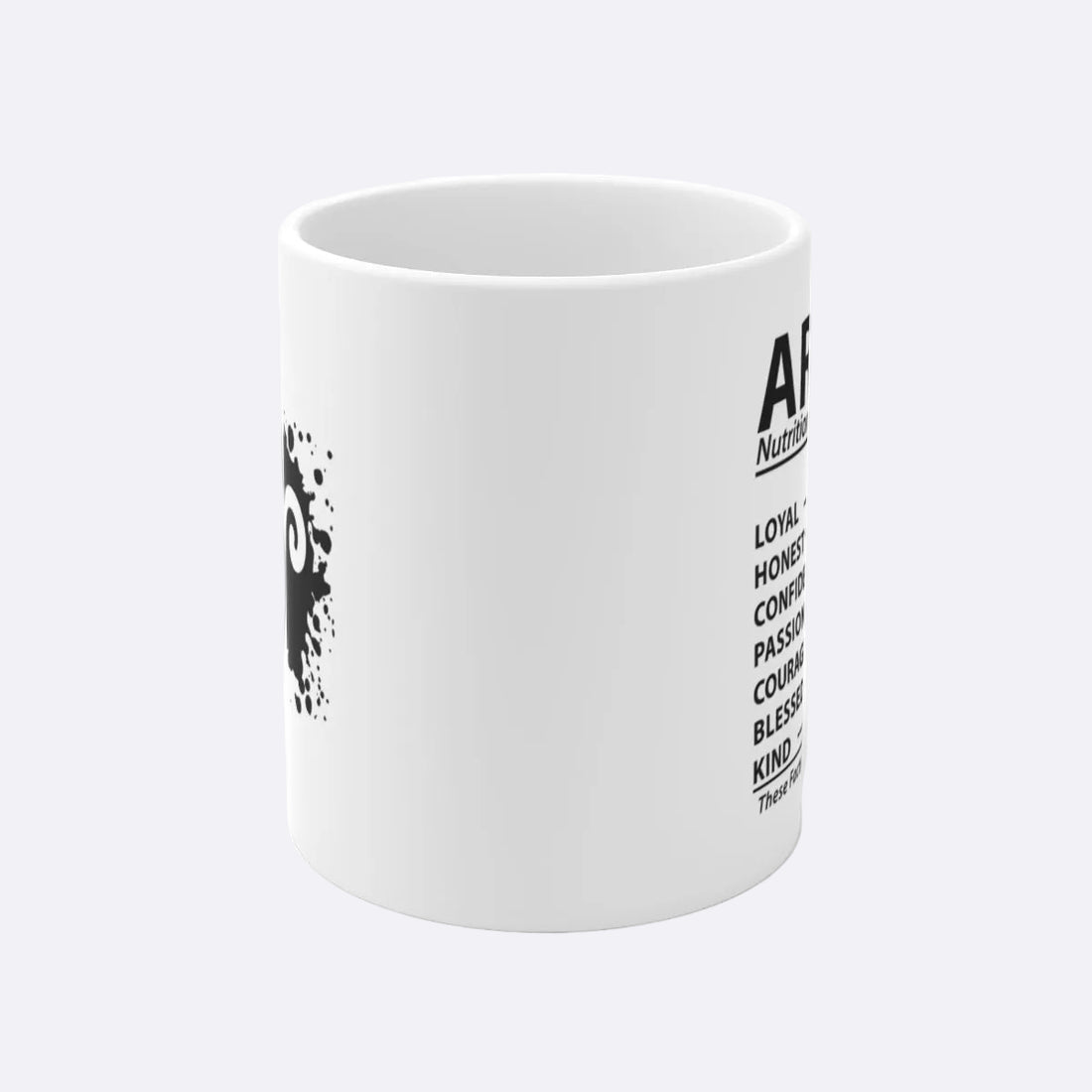 White mug with black text displaying 'ARIES Nutrition Facts' on a white background
