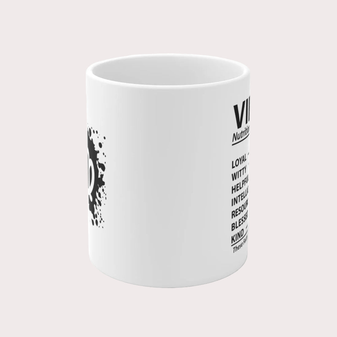 White mug with black astrological symbol design on a white background