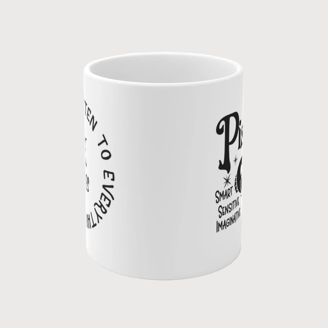 White mug with Pisces zodiac sign and descriptive text on a white background
