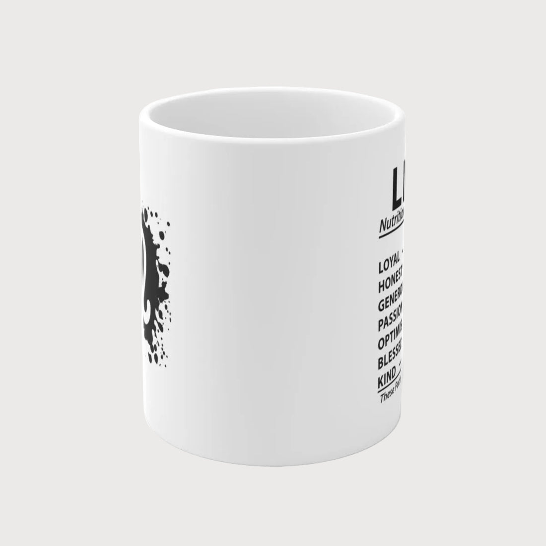 White mug with black lion symbol design on a white background