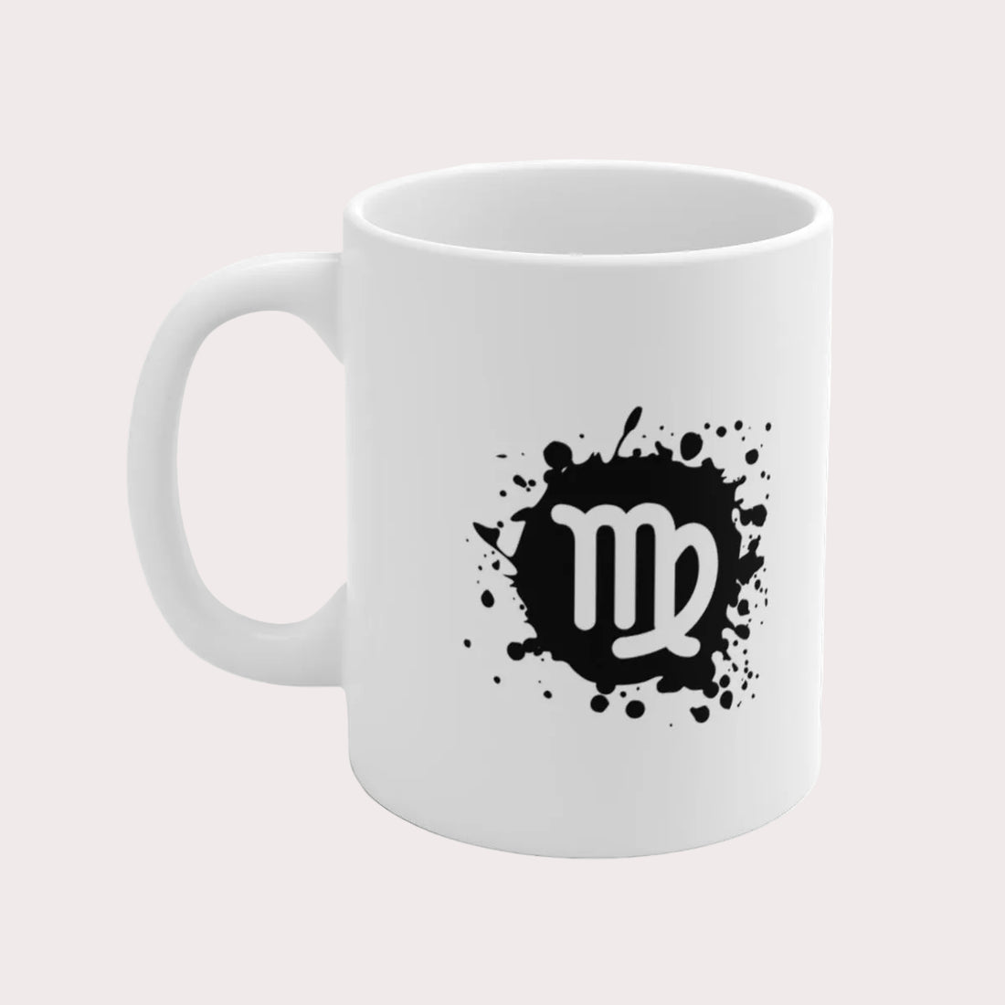 White mug with black astrological symbol design on a white background