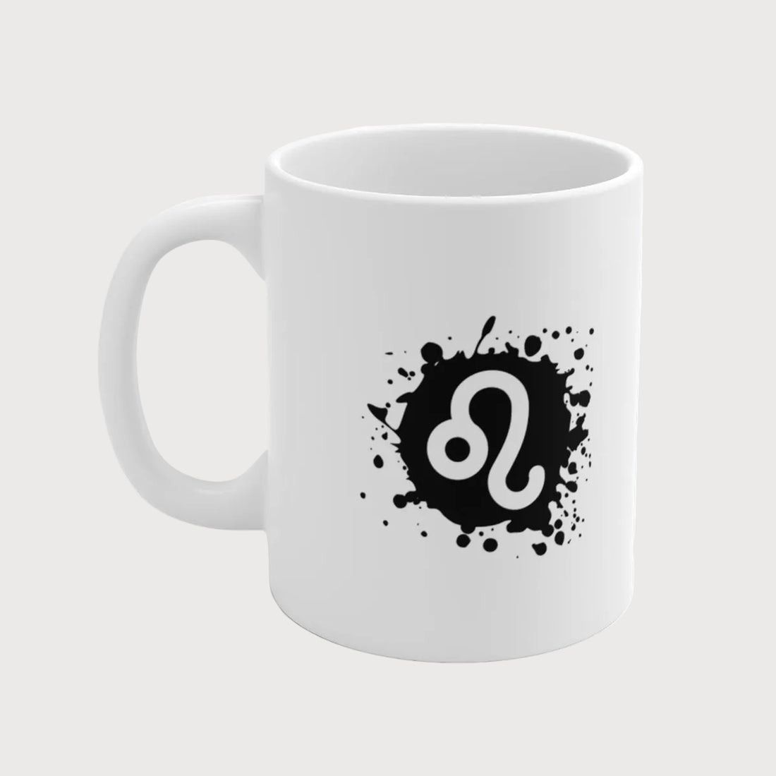 White mug with black lion symbol design on a white background