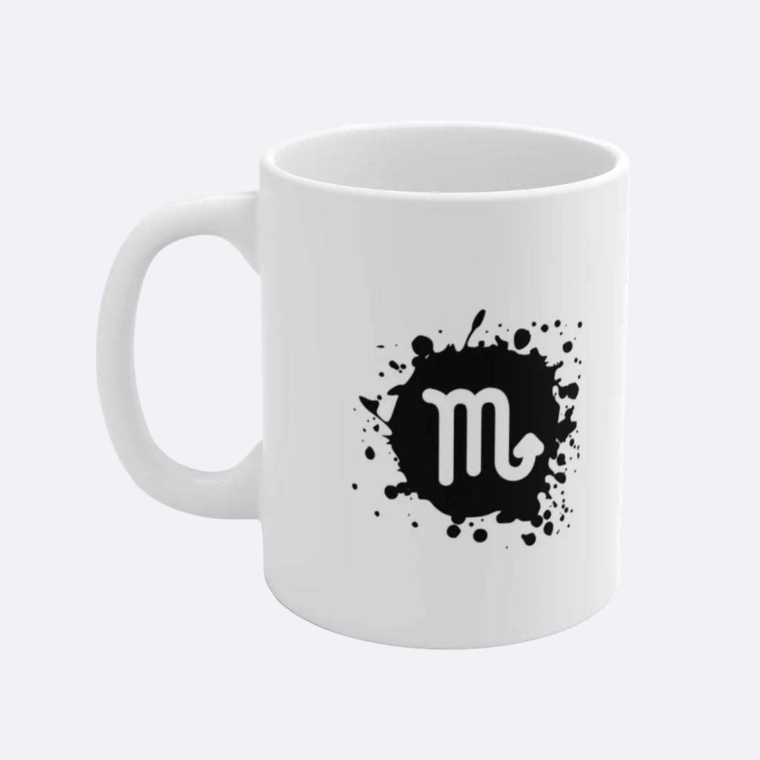 White mug with black Scorpio symbol design on a white background
