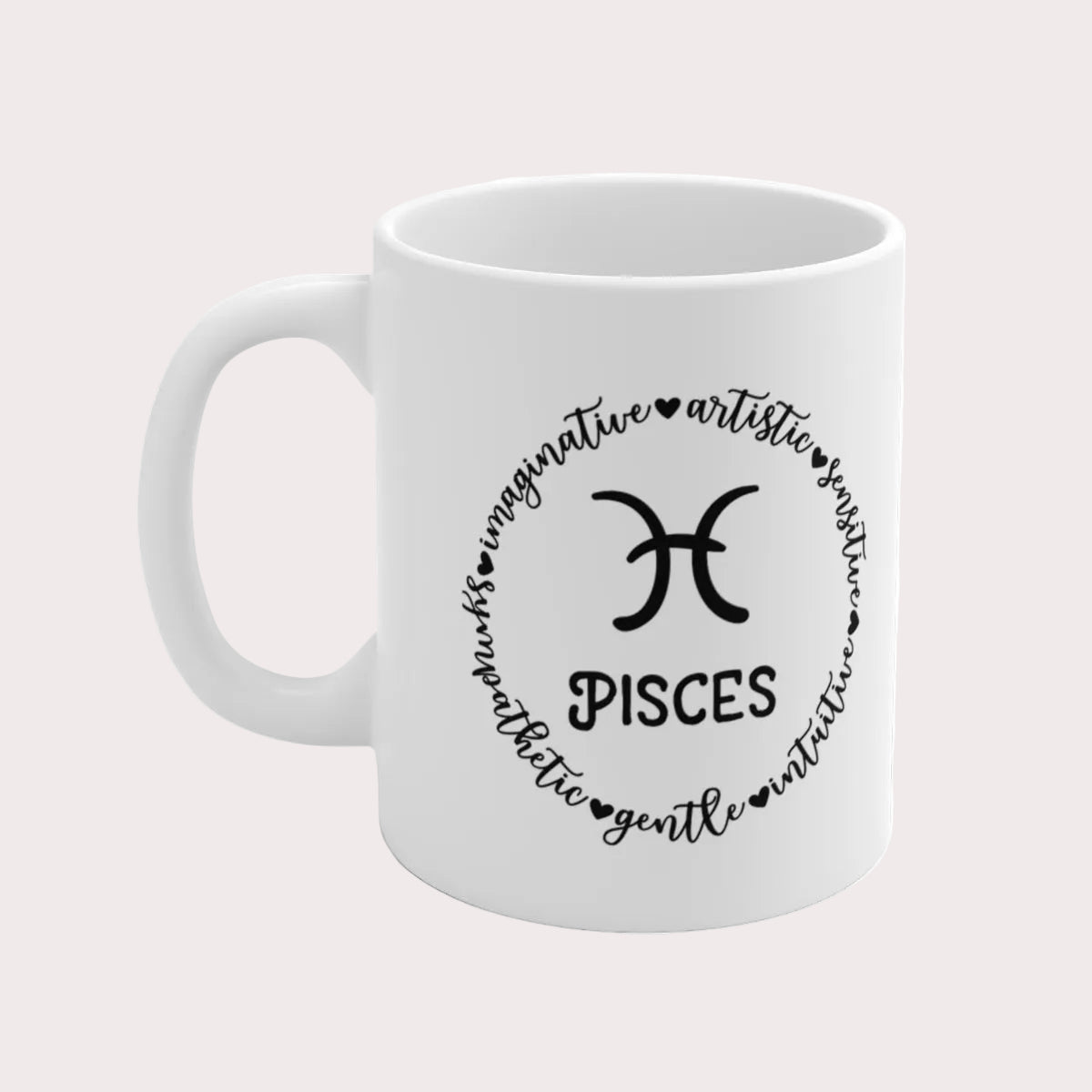 White mug with Pisces zodiac design on a white background
