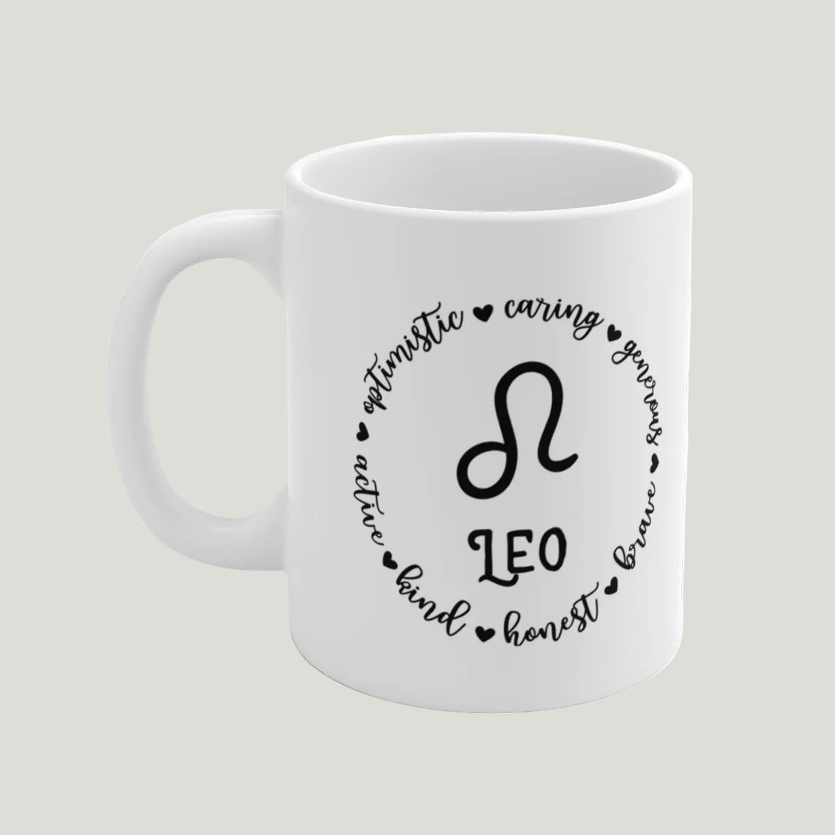 White mug with black Leo zodiac design on a light gray background