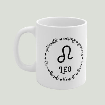 White mug with black Leo zodiac design on a light gray background