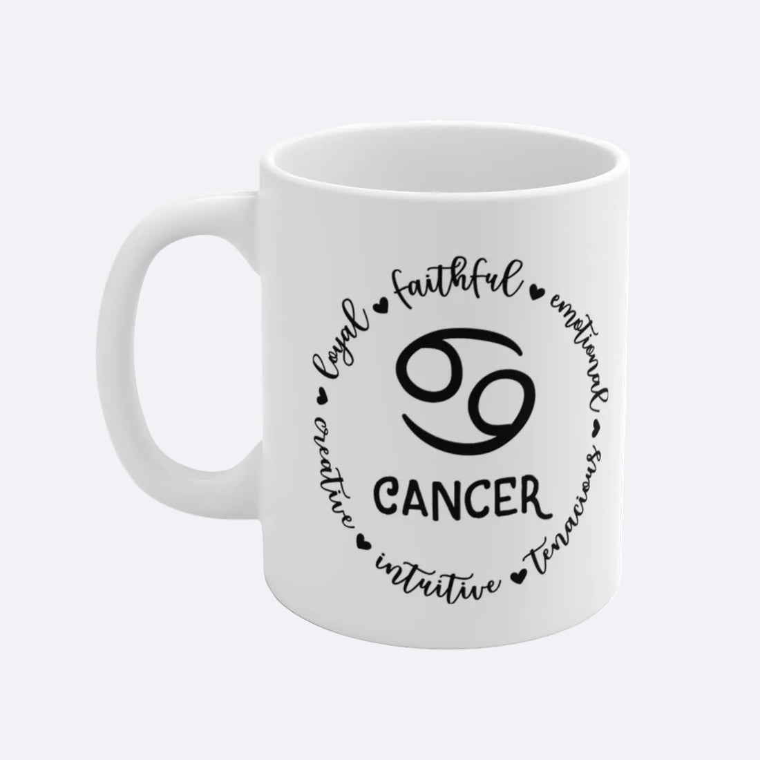 White mug with Cancer zodiac design and attributes on a white background