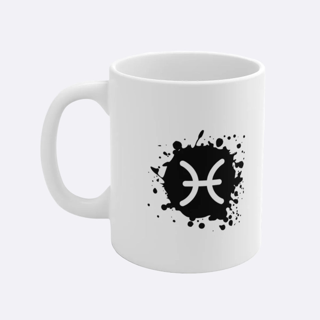White mug with black Pisces symbol design on a white background