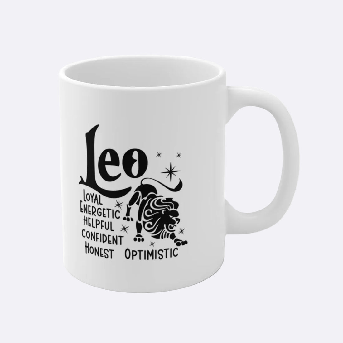 White mug with black Leo zodiac design and traits on a white background