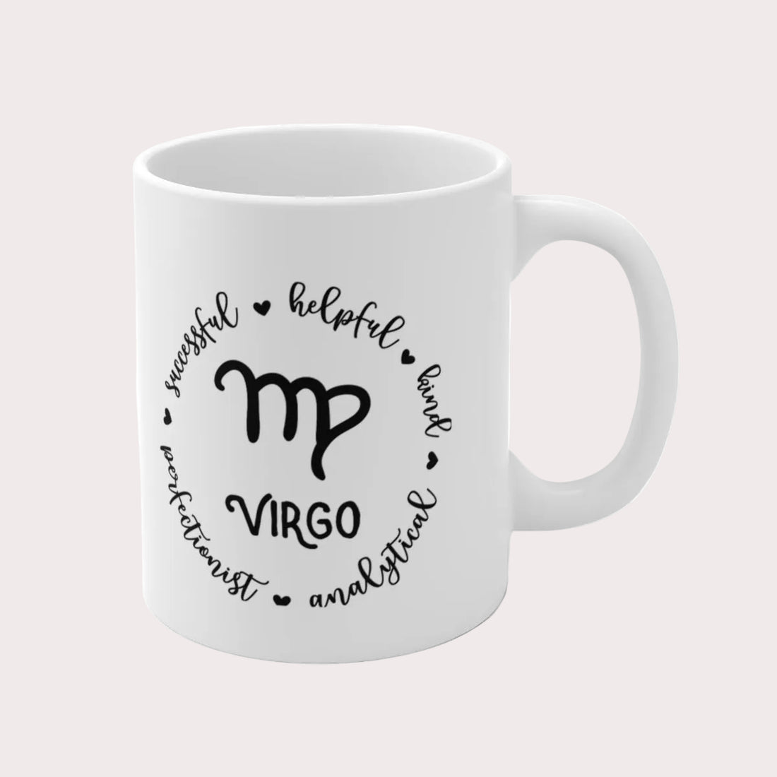 White mug with Virgo zodiac design and text on a white background