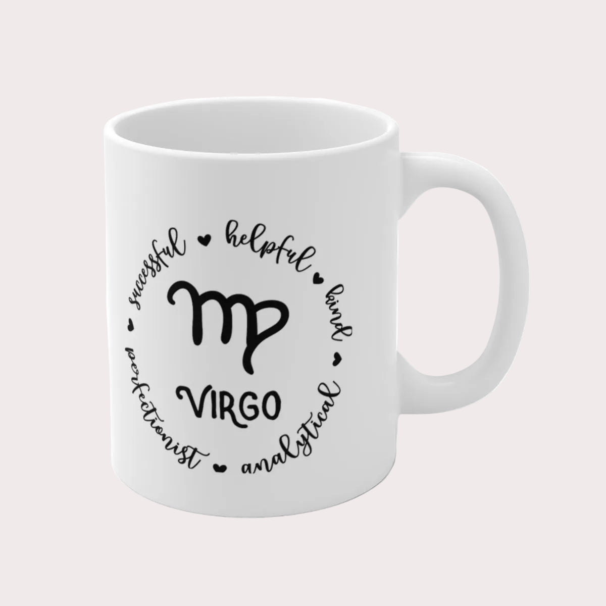 White mug with Virgo zodiac design and text on a white background