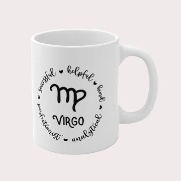 White mug with Virgo zodiac design and text on a white background