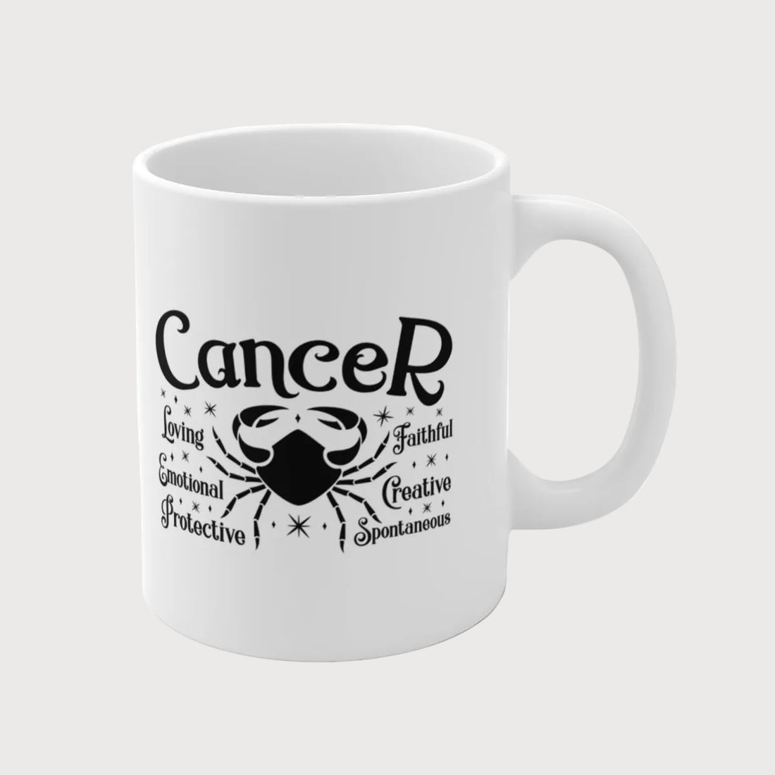 White mug with Cancer zodiac design and text on a white background