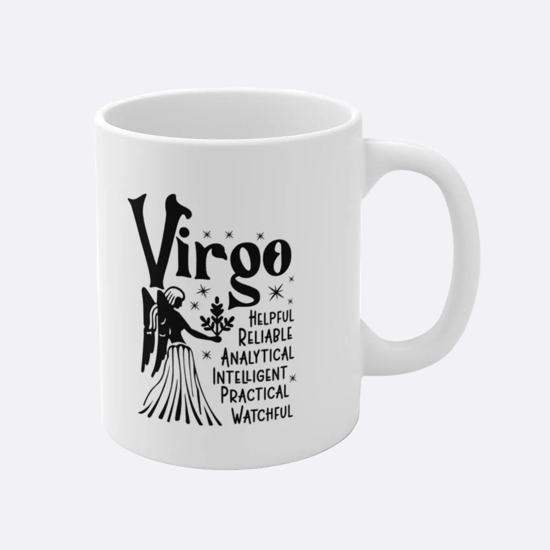 White mug with Virgo zodiac design and text on a white background