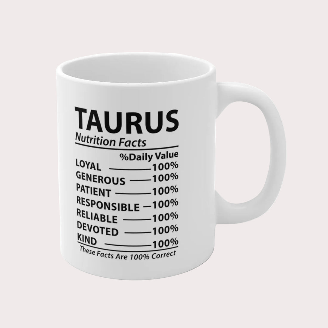 White mug with Taurus nutrition facts text on a white background
