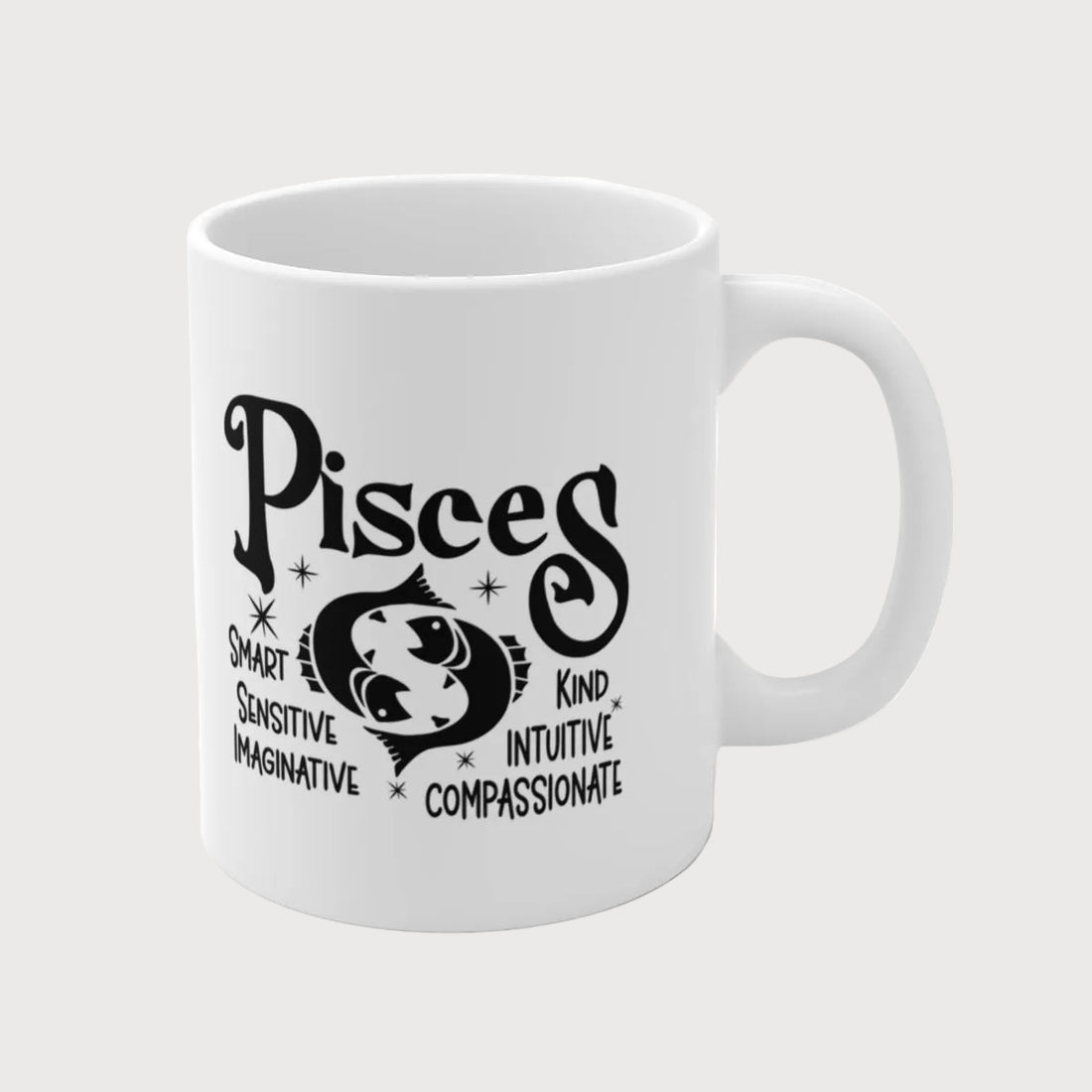 White mug with Pisces zodiac sign and descriptive text on a white background