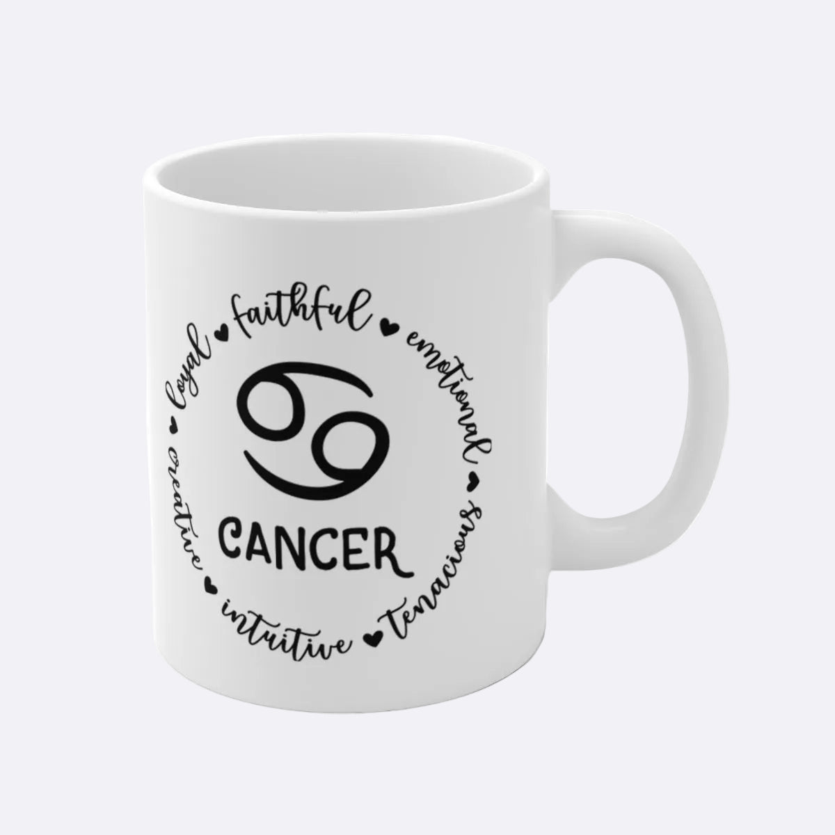 White mug with Cancer zodiac design and attributes on a white background