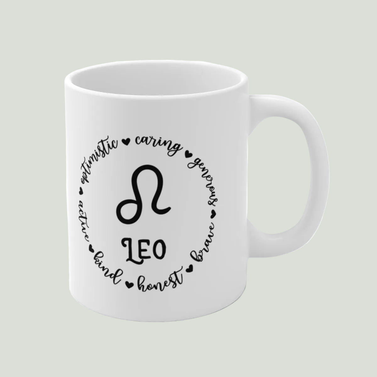 White mug with black Leo zodiac design on a light gray background