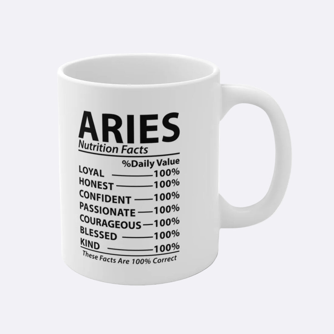 White mug with black text displaying 'ARIES Nutrition Facts' on a white background