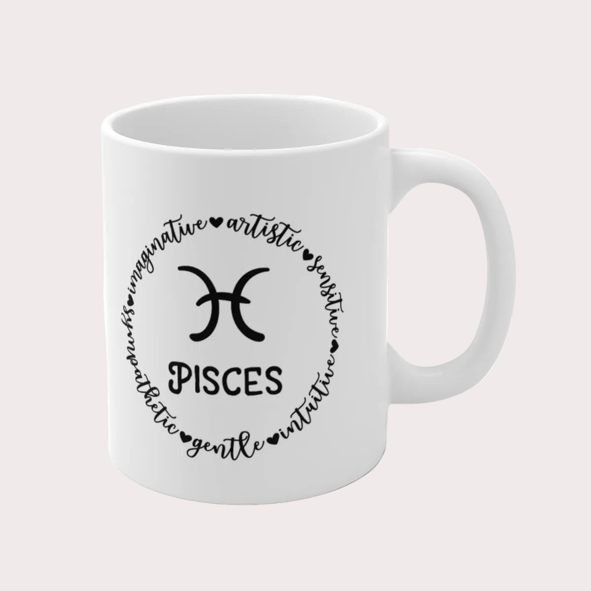 White mug with Pisces zodiac design on a white background