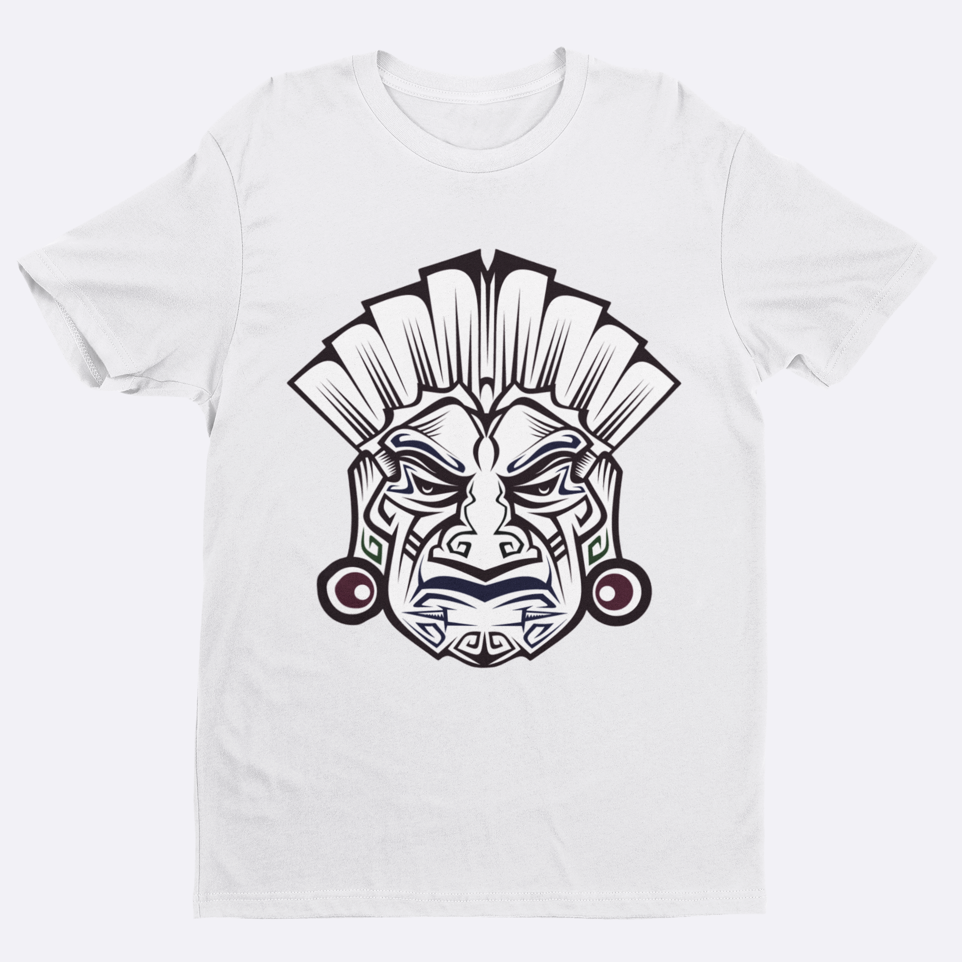White t-shirt with a black and white graphic design on a white background