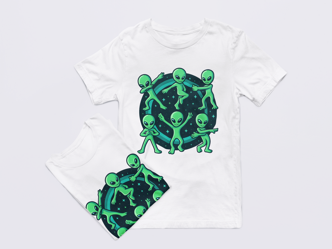Black t-shirt and shorts set with green alien design on a light gray background