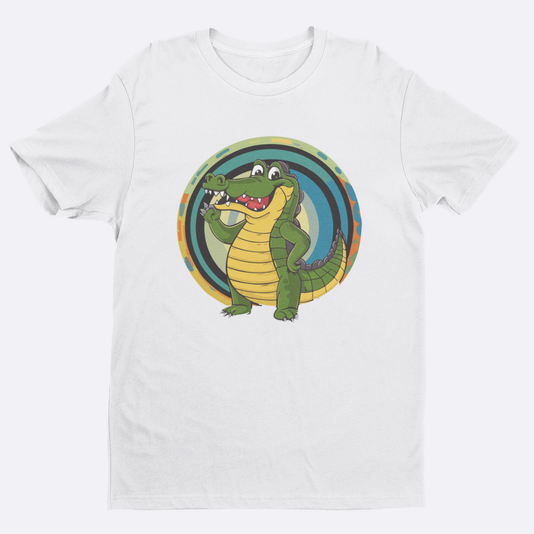 Beige t-shirt with a cartoon alligator design on a white background