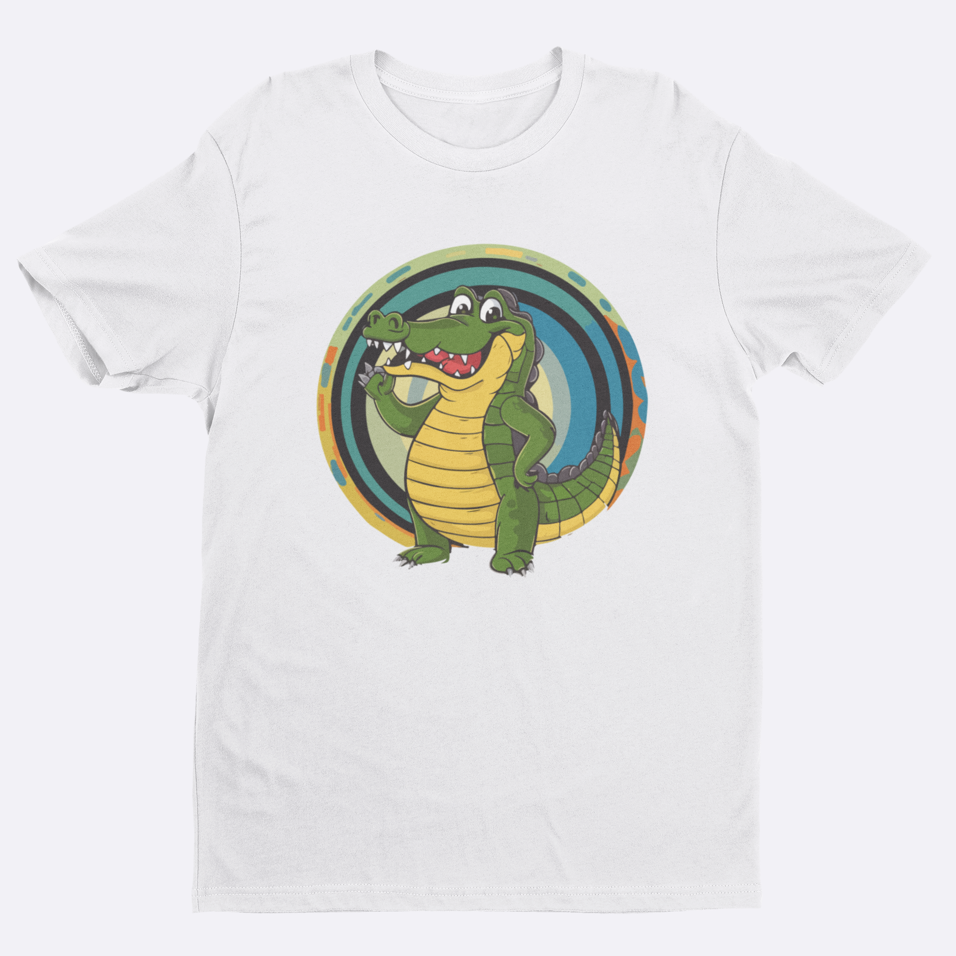 White t-shirt with a cartoon alligator design on a white background
