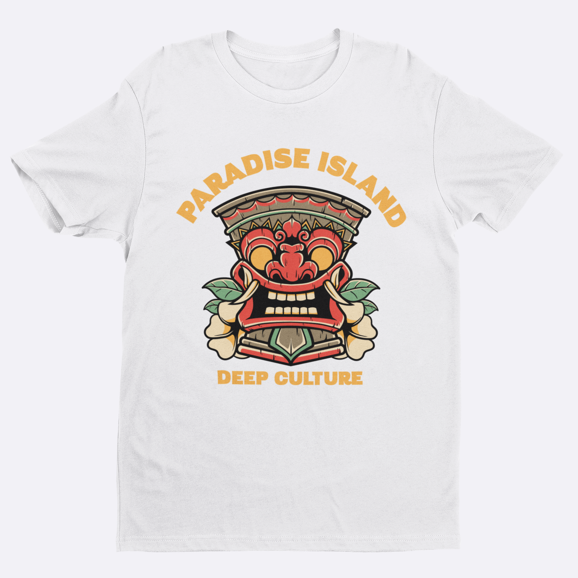 White t-shirt with a colorful graphic design and text 'Paradise Island Deep Culture' on a white background