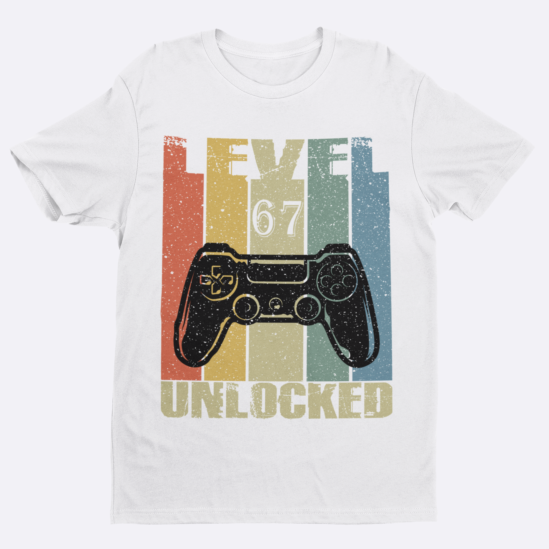 White t-shirt with a gaming controller graphic and 'Level 67 Unlocked' text on a white background