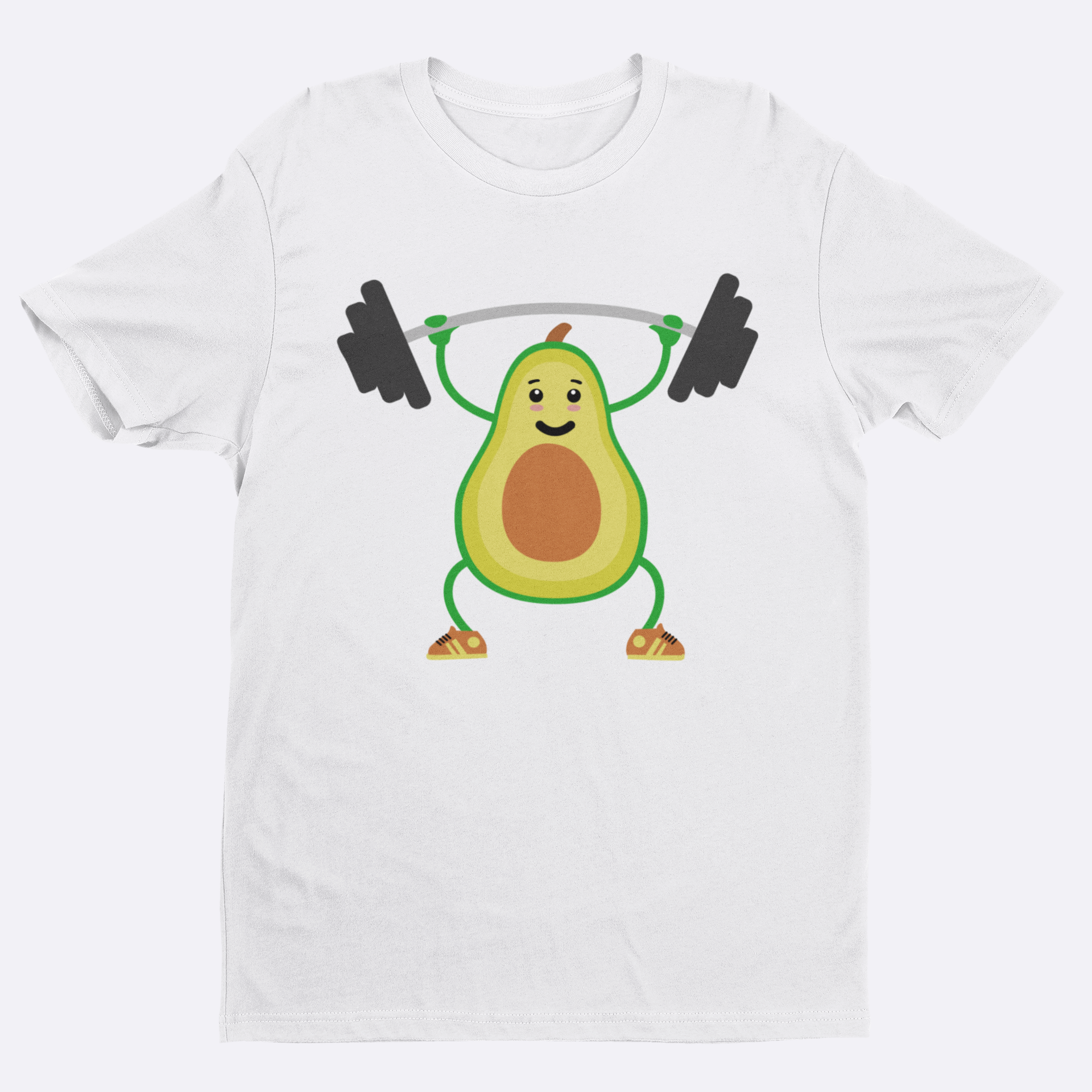 White t-shirt with a cartoon avocado lifting weights on a white background