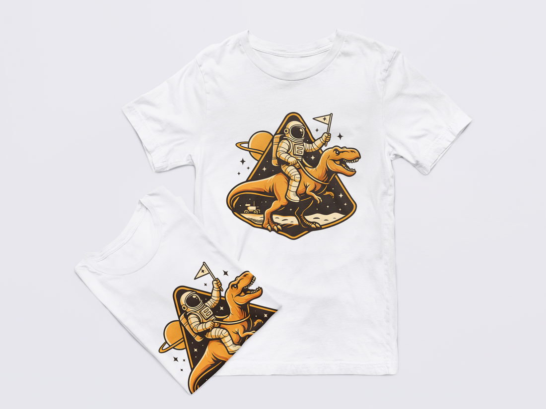 Black t-shirt with a graphic of an astronaut riding a dinosaur on a light gray background