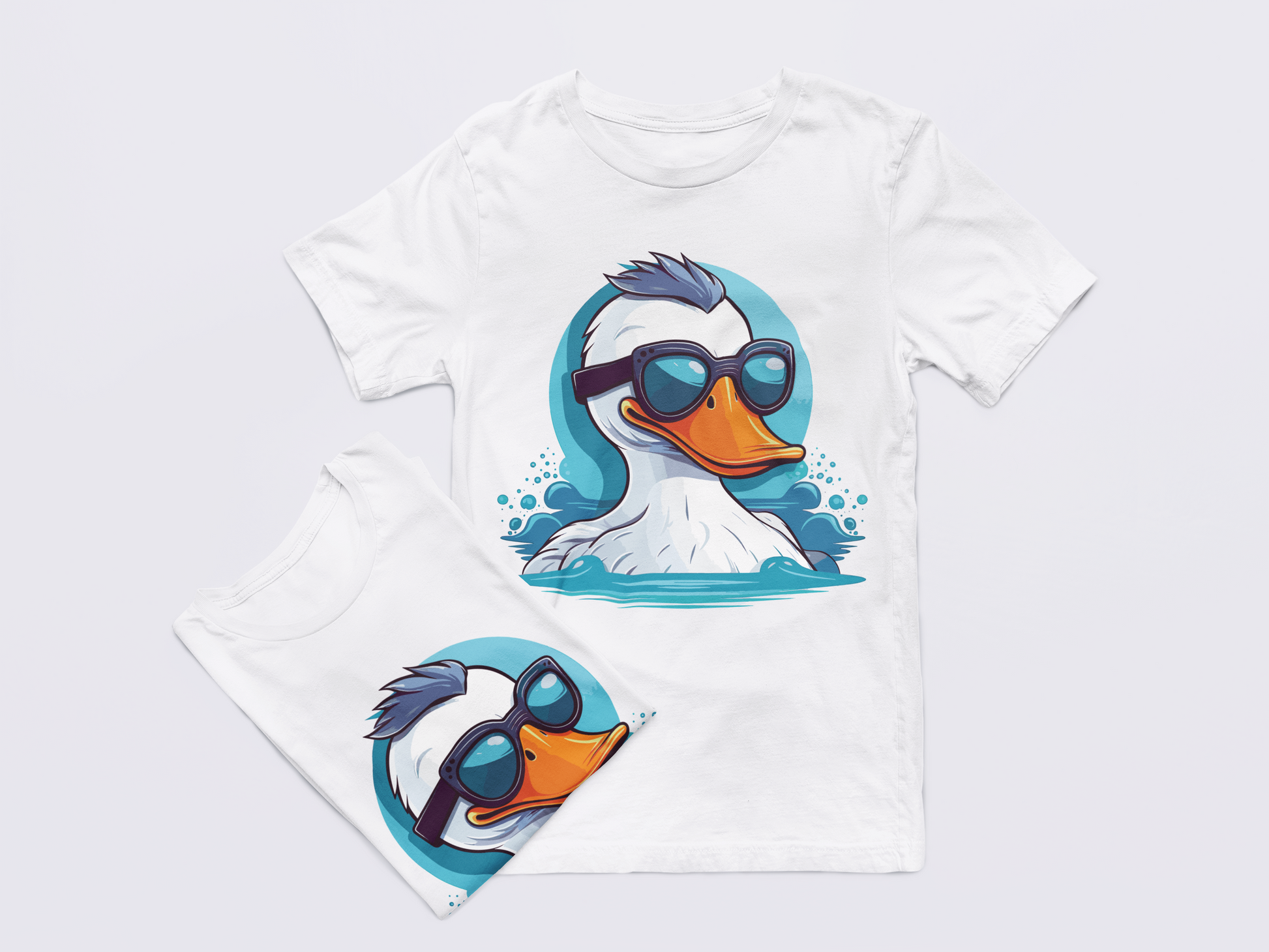 White t-shirt with a graphic of a duck wearing sunglasses on a white background