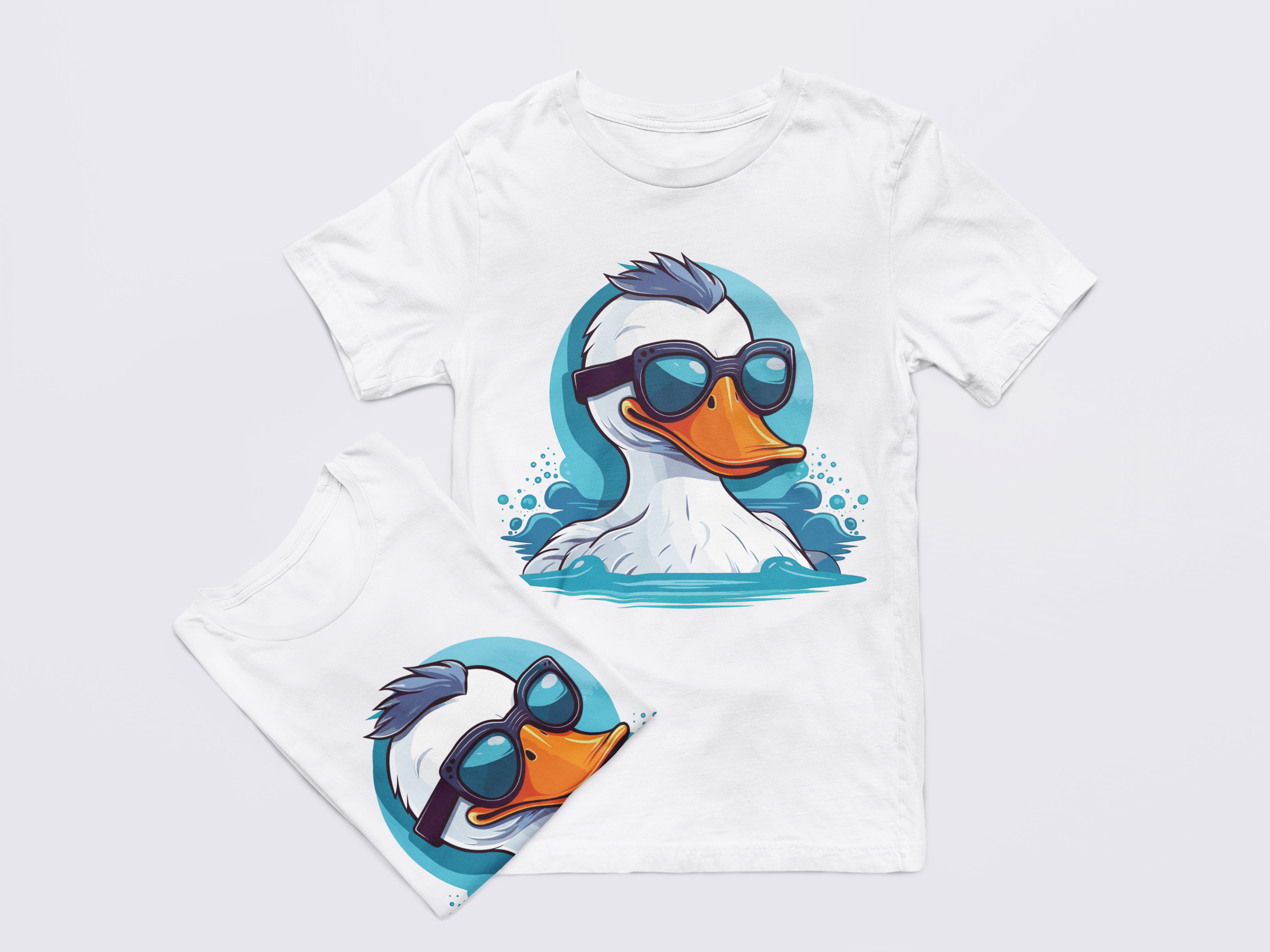 White t-shirt with a graphic of a duck wearing sunglasses on a white background