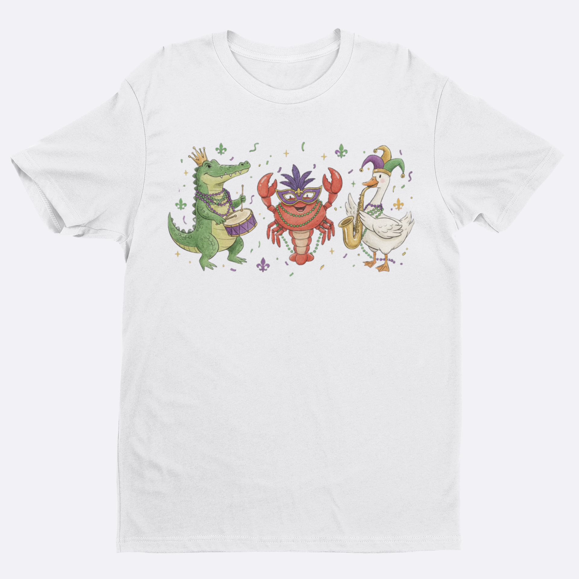 White t-shirt with colorful cartoon characters on a white background