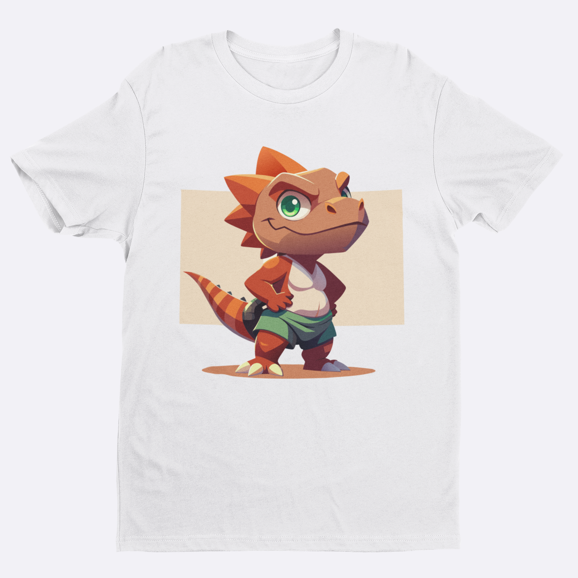 White t-shirt with a cartoon dinosaur graphic on a white background